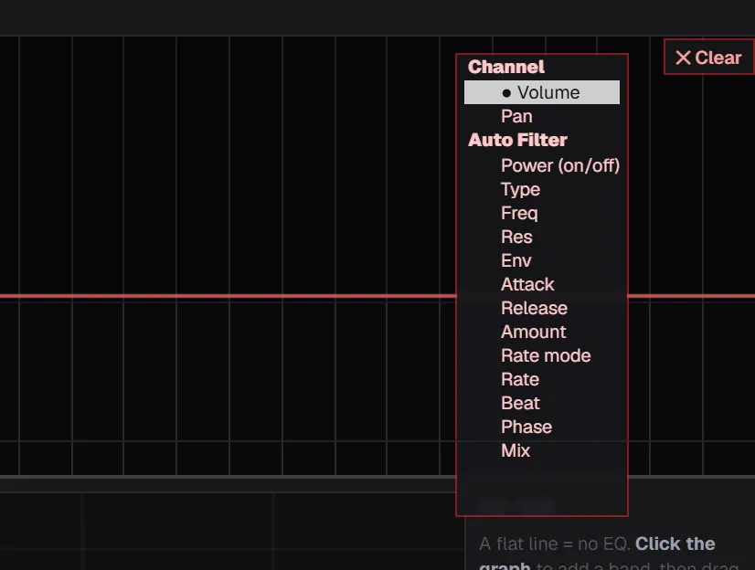 The automation chooser chip open in SoundCraft, listing Channel Volume and Pan plus every Auto Filter parameter and its Power toggle