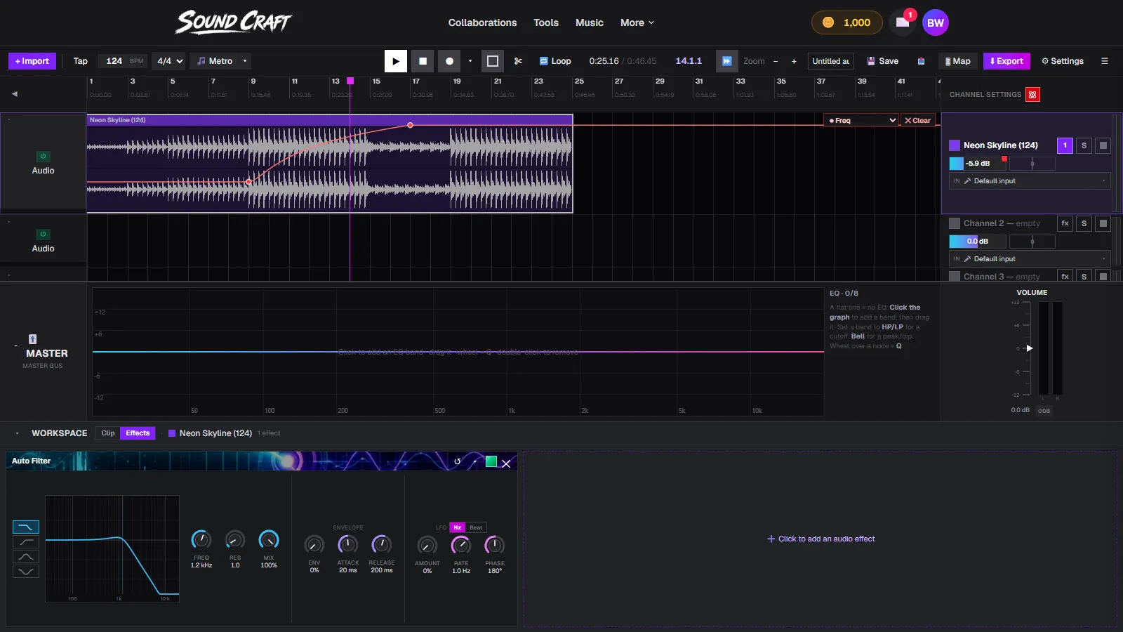 A rising filter-cutoff automation envelope in SoundCraft with the Auto Filter panel open below, its Freq knob reading 1.2 kHz