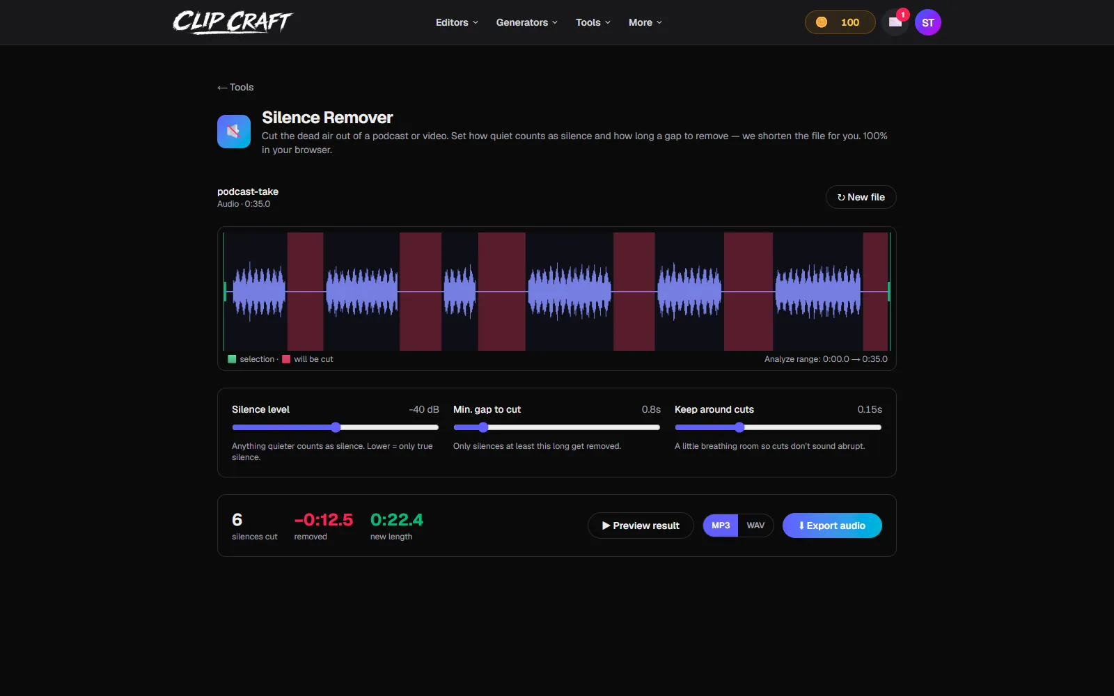 A Descript alternative: the ClipCraft Silence Remover with a podcast waveform, silences shaded red, and sliders for level, gap and padding