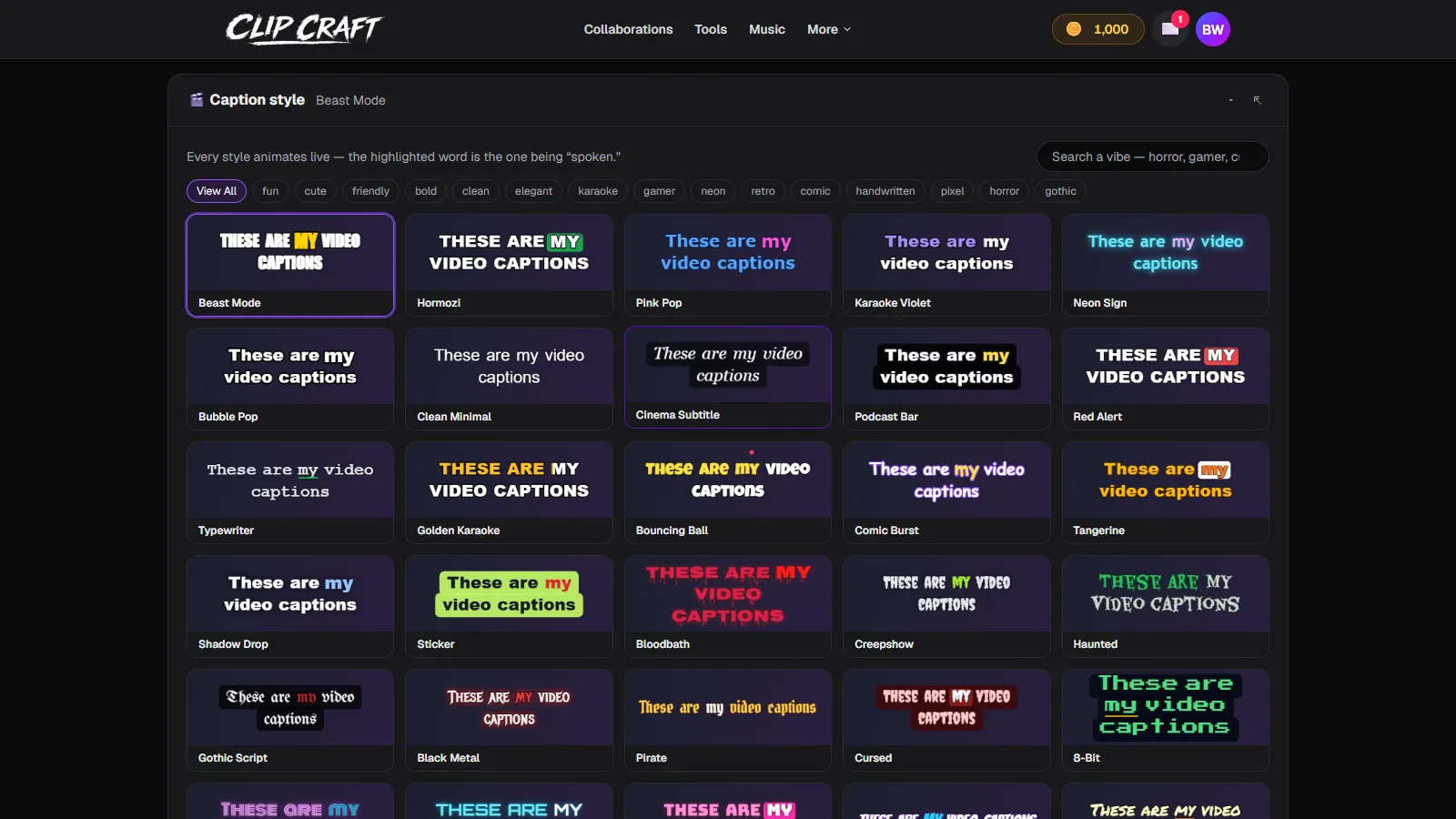 The animated caption style gallery in ClipCraft's Video Captions tool showing dozens of live-previewing styles