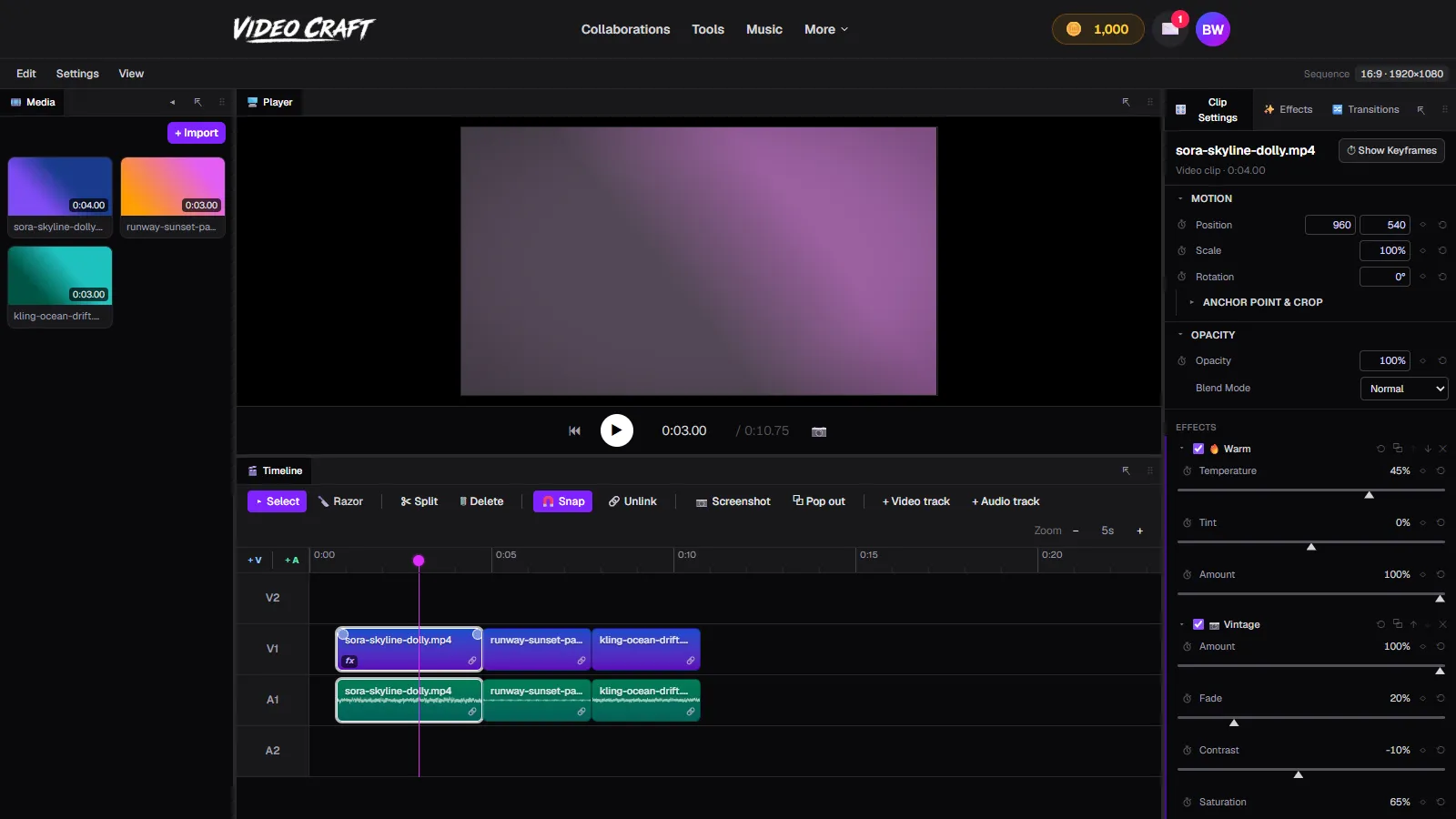 A warm vintage color grade applied to an AI clip in VideoCraft, with the Warm and Vintage effect sliders open in Clip Settings