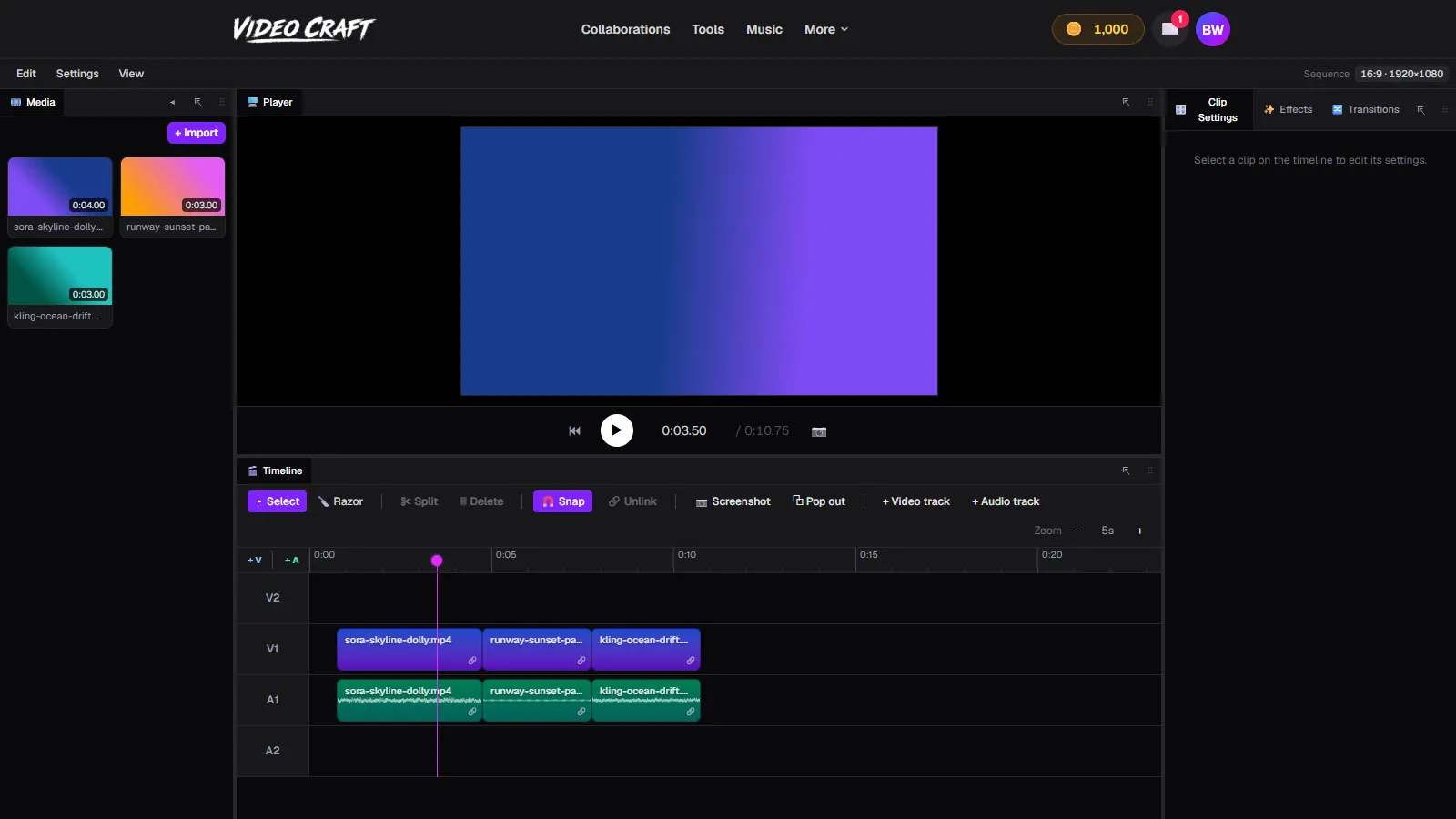 Three AI-generated clips arranged on the VideoCraft timeline with linked audio tracks and the Player showing a frame