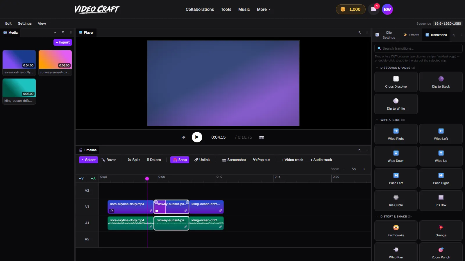 The VideoCraft Transitions panel with a Cross Dissolve applied at a cut, shown mid-blend in the Player