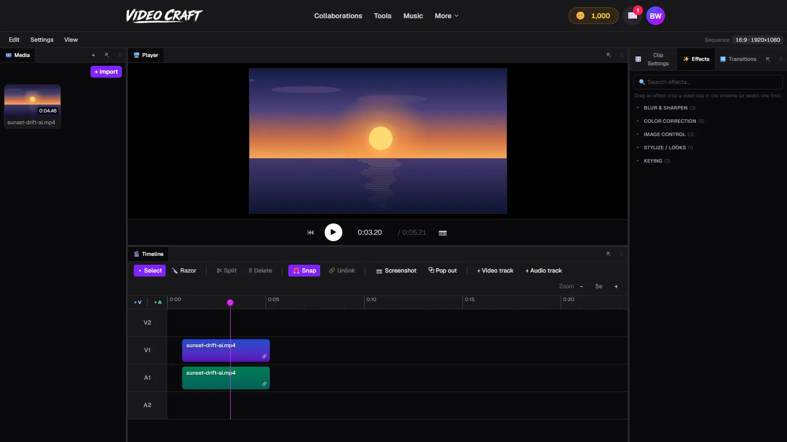 A video clip on the VideoCraft timeline with the playhead parked on a sunset frame in the Player