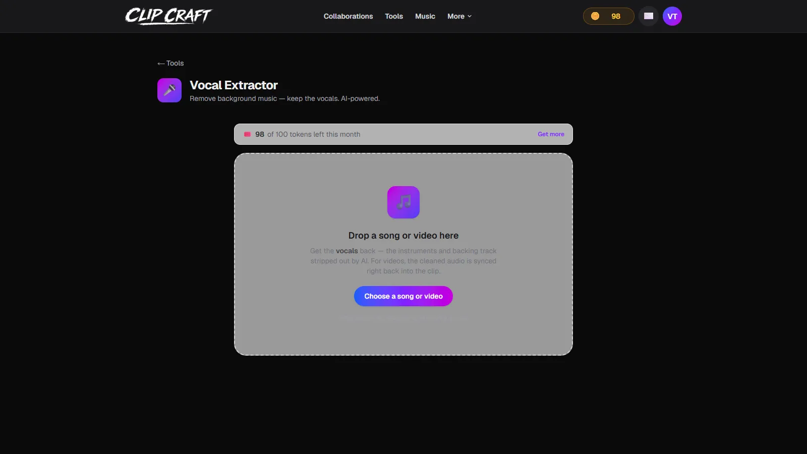 ClipCraft's Vocal Extractor tool with its drop zone, before a file is added