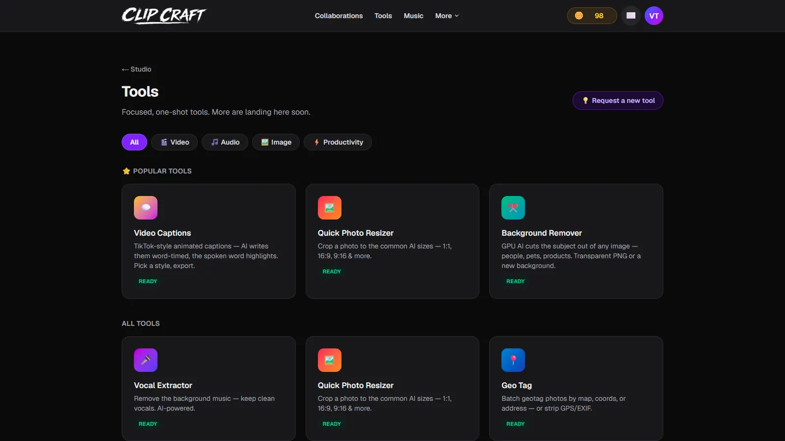 The ClipCraft tools page showing the Vocal Extractor alongside the other tools