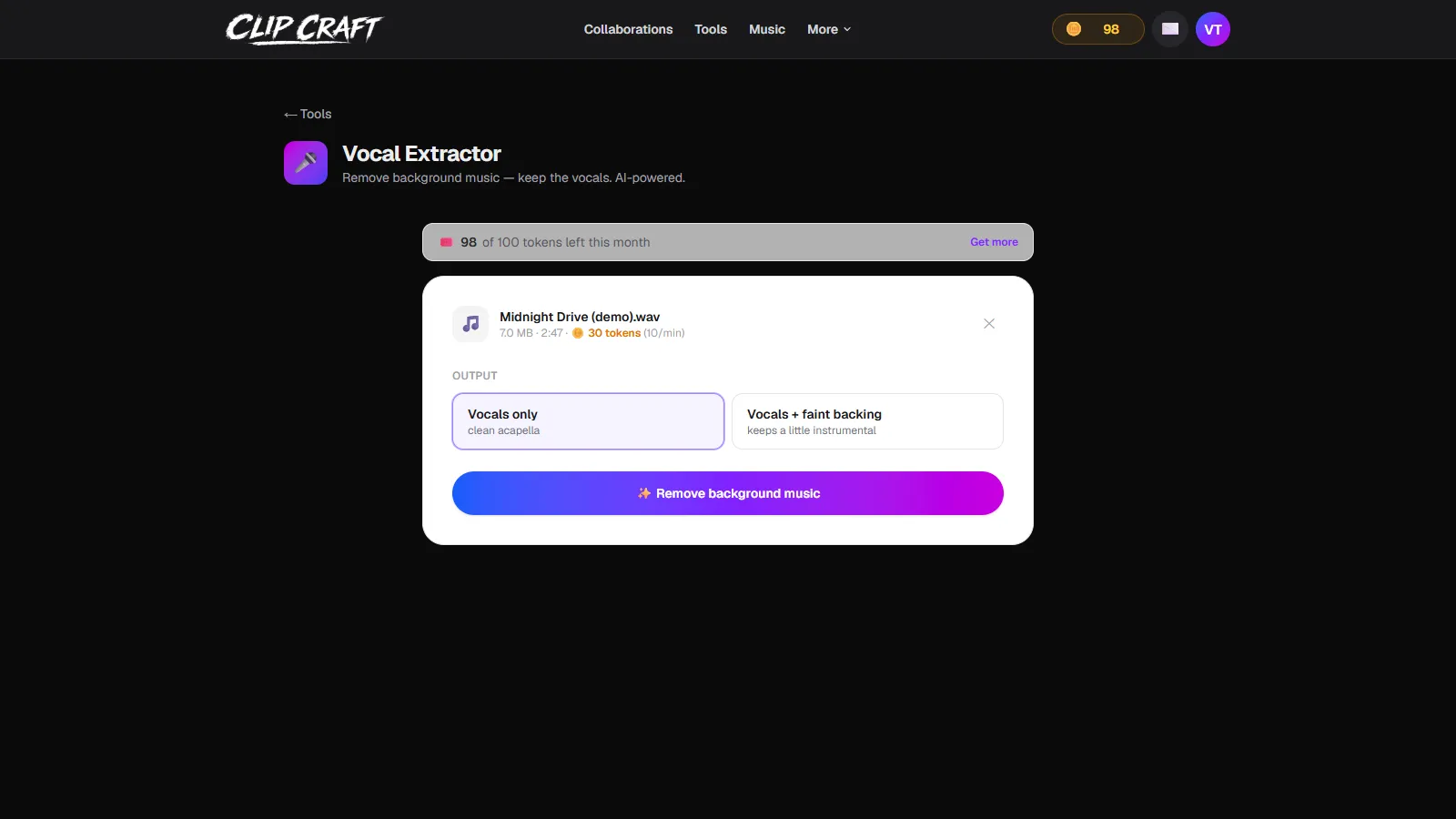 A song loaded in ClipCraft's Vocal Extractor showing its duration and token cost before running