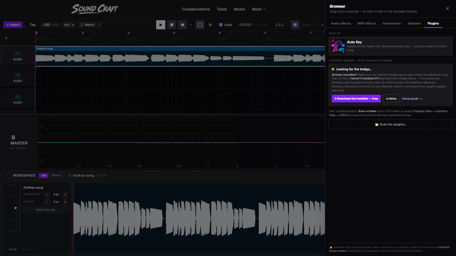 SoundCraft's browser panel open on the Plugins tab, with the Auto Key detector listed under Built-in