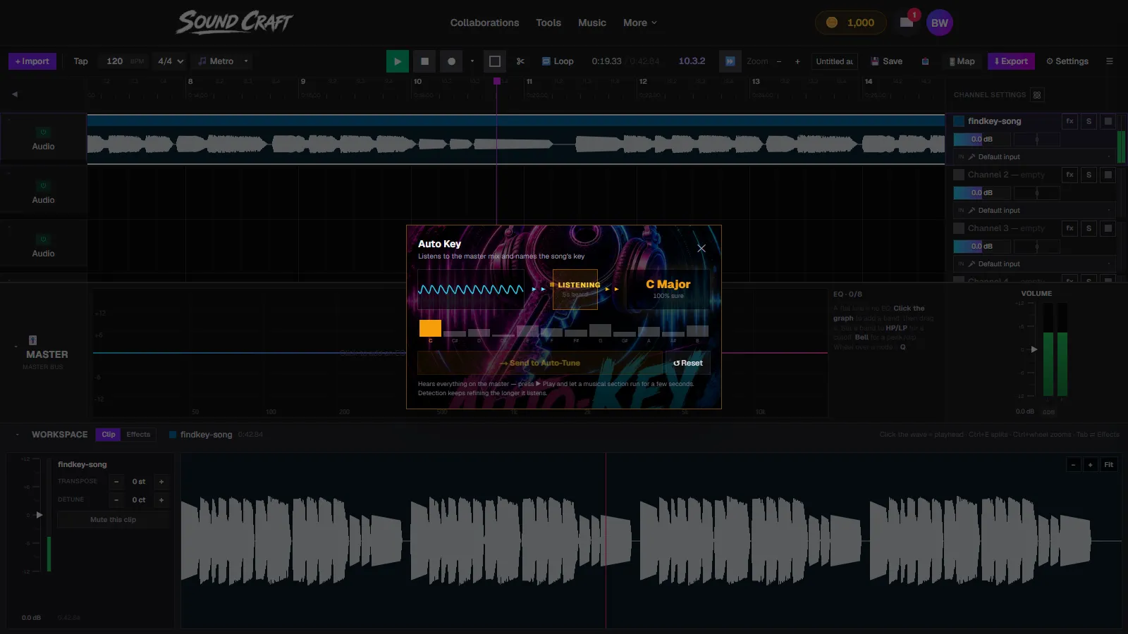 Auto Key showing the detected key C Major at 100% confidence with the chromagram's C bar lit