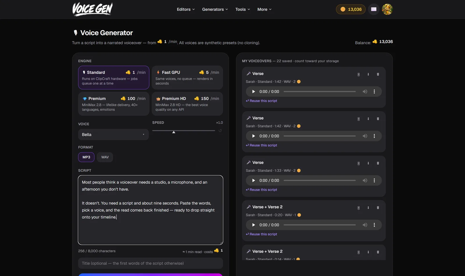 The ClipCraft Voice Generator with four engine tiers priced per minute, a voice picker, a script box and a saved voiceover library