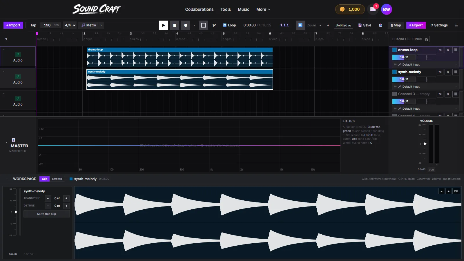 SoundCraft, a free online DAW, with two audio clips playing on its multi-track timeline in the browser