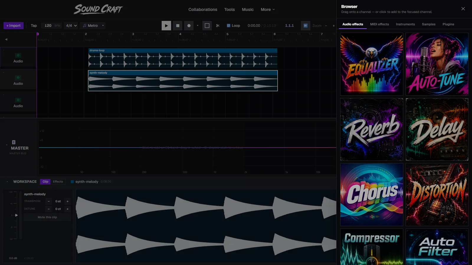 SoundCraft's effects browser showing artwork tiles for Equalizer, Auto-Tune, Reverb, Delay, Chorus, and Distortion