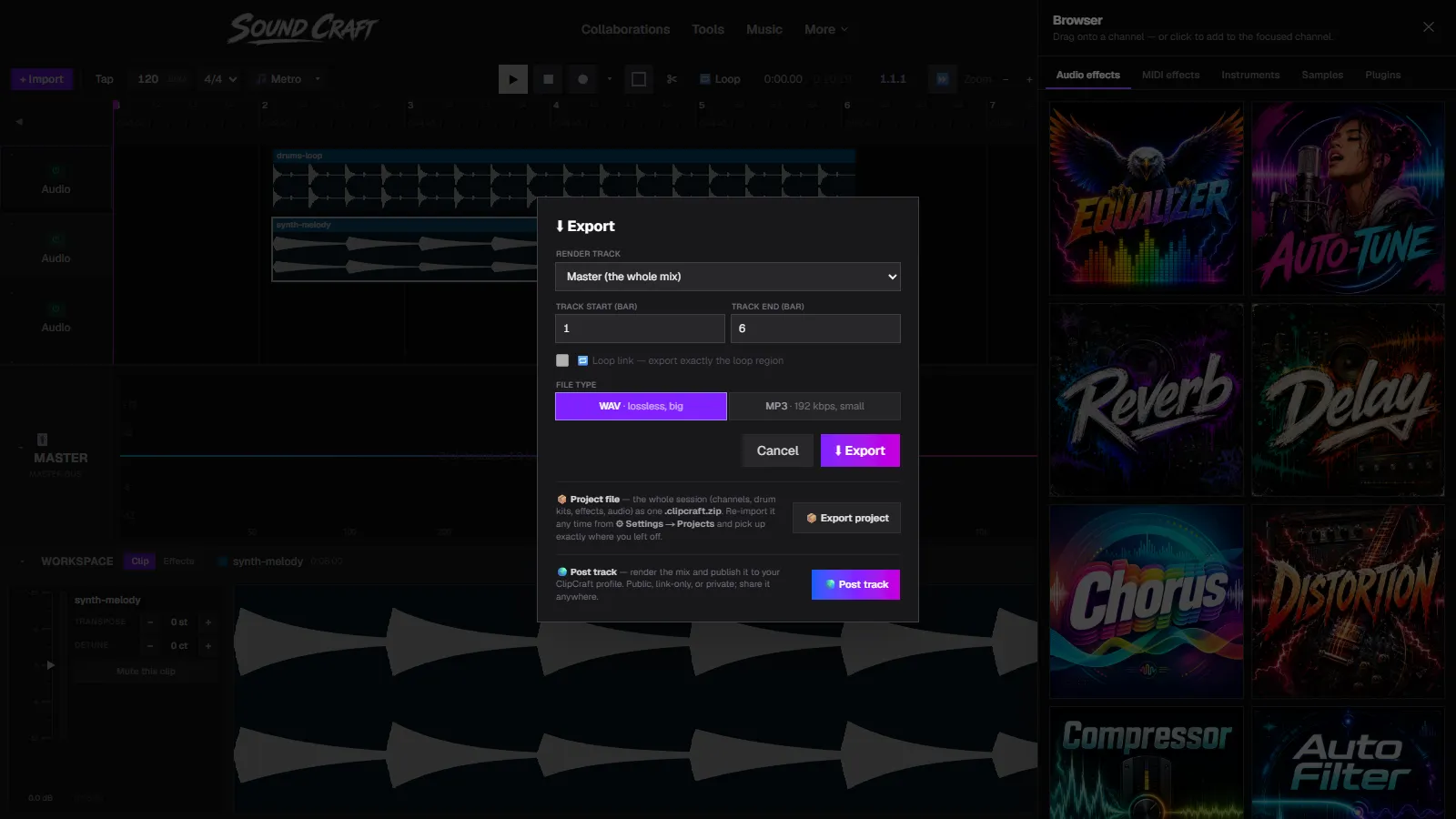 SoundCraft's export dialog with render track selection, WAV or MP3 file type, project file export, and post track