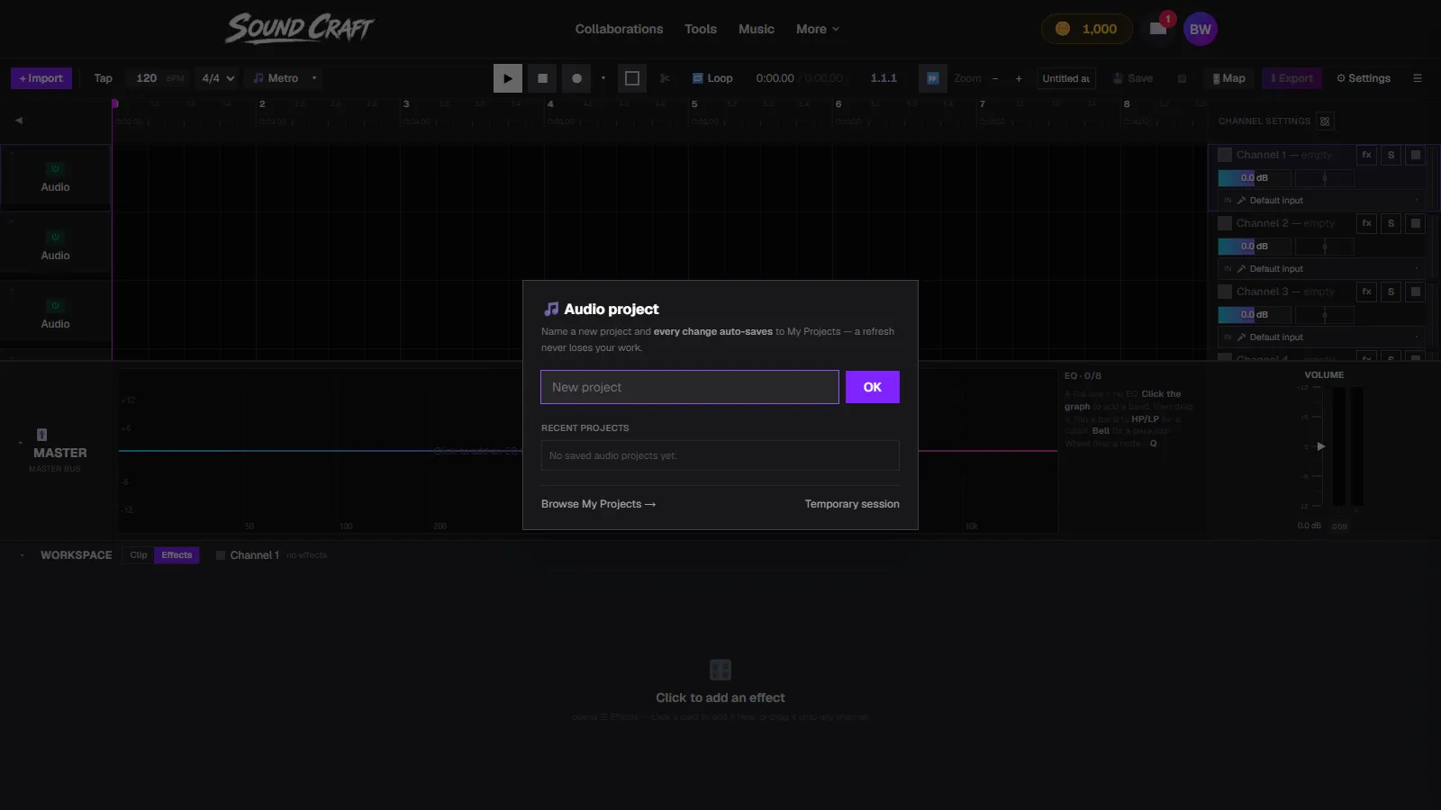 SoundCraft's entry modal with a new project name field, recent projects, and a temporary session option