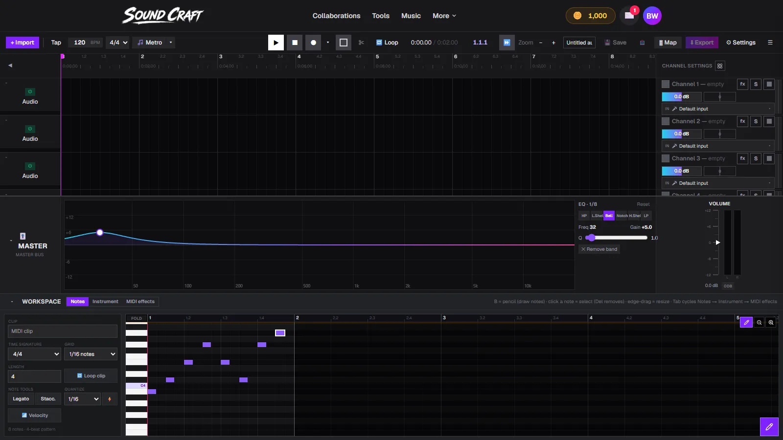 SoundCraft's piano roll with a drawn melody, grid and quantize settings, and a velocity lane toggle