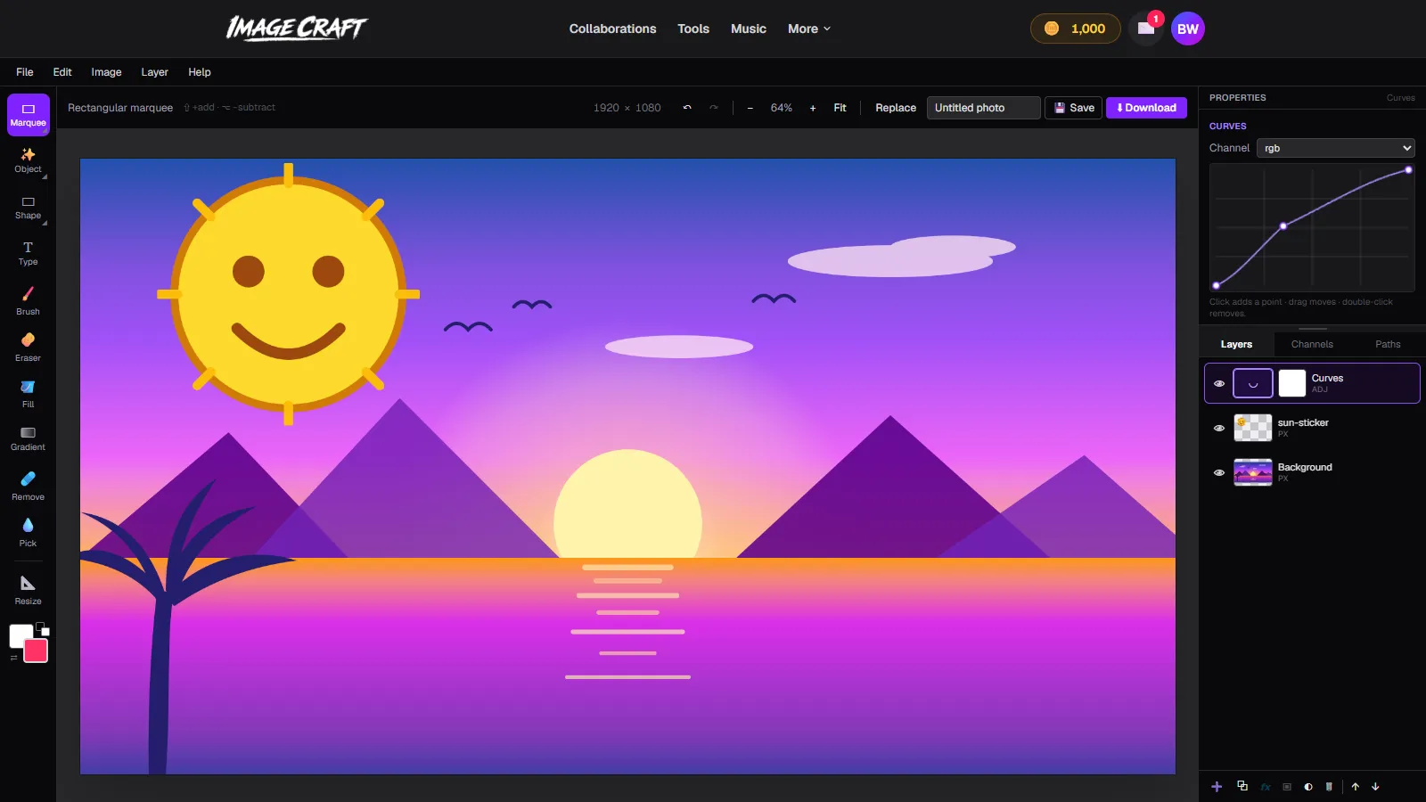 A Curves adjustment layer in ImageCraft brightening a sunset image, with the curve editor in the Properties panel