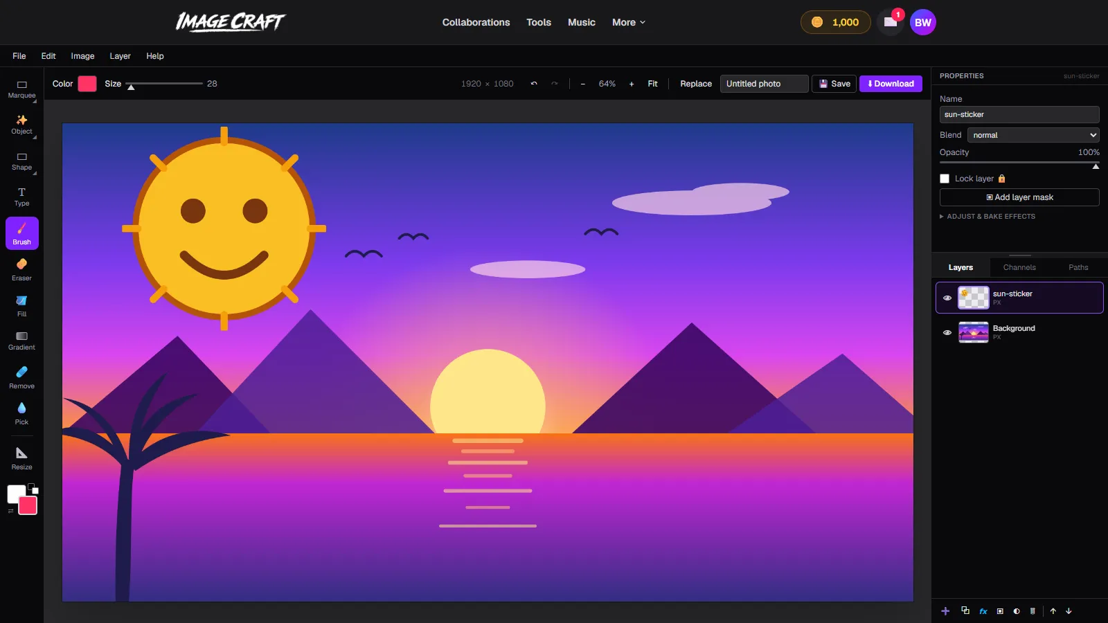 ImageCraft, a free online photo editor, with a sunset image open and two layers in the Layers panel
