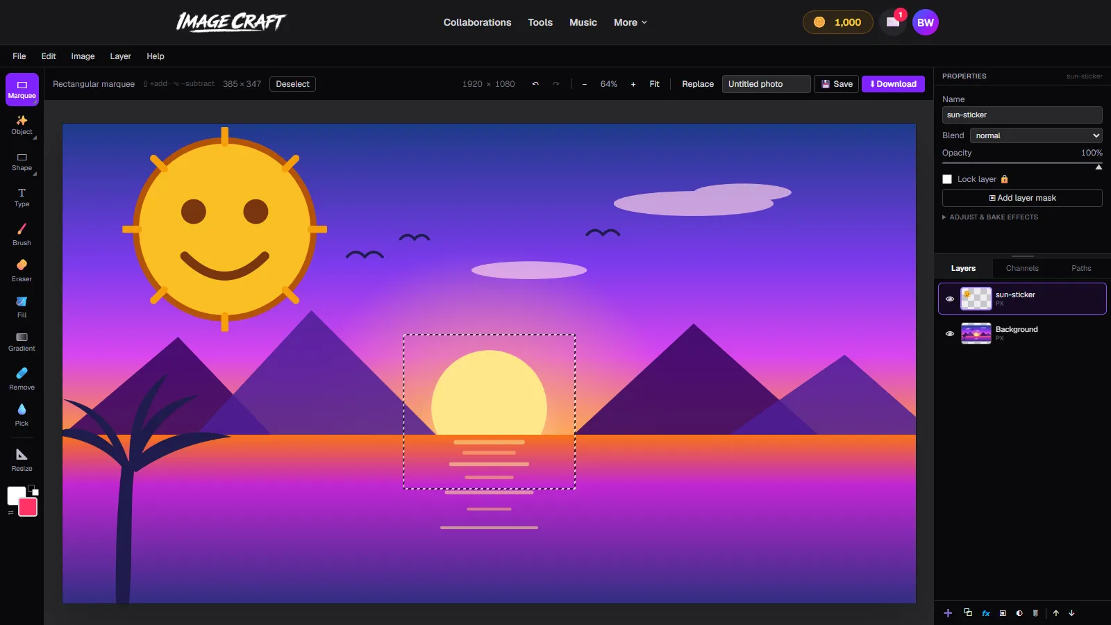 A rectangular marquee selection with animated marching ants around the sun in a photo, options bar showing 385 x 347 pixels