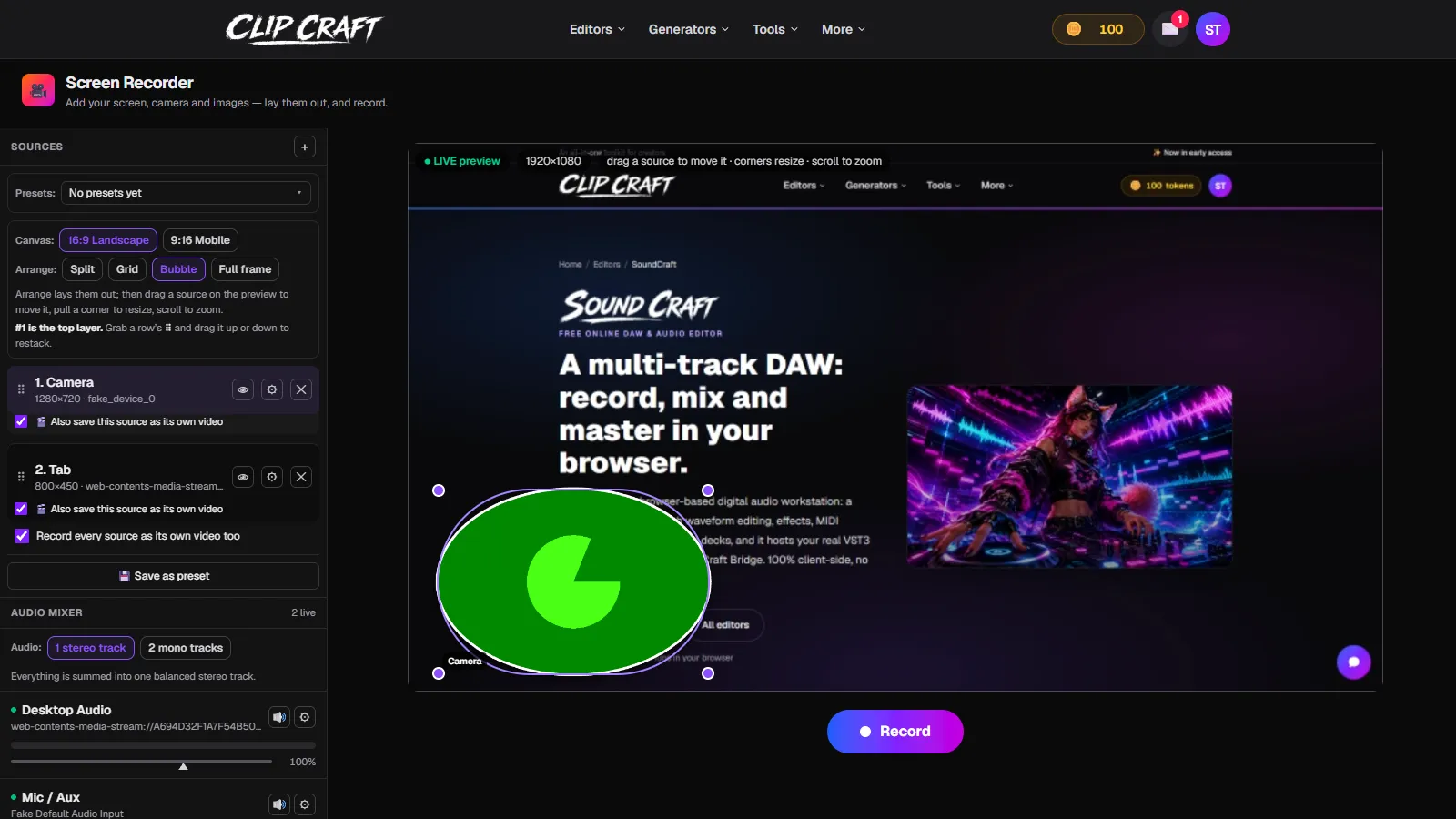ClipCraft's free online screen recorder capturing a browser tab live, with a round camera bubble and an audio mixer