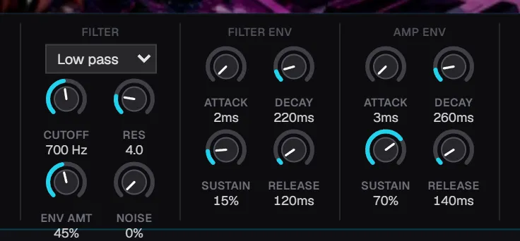 Close-up of SynthCraft's filter and envelope sections with a bass patch dialed: 700 Hz cutoff and a 120 ms release