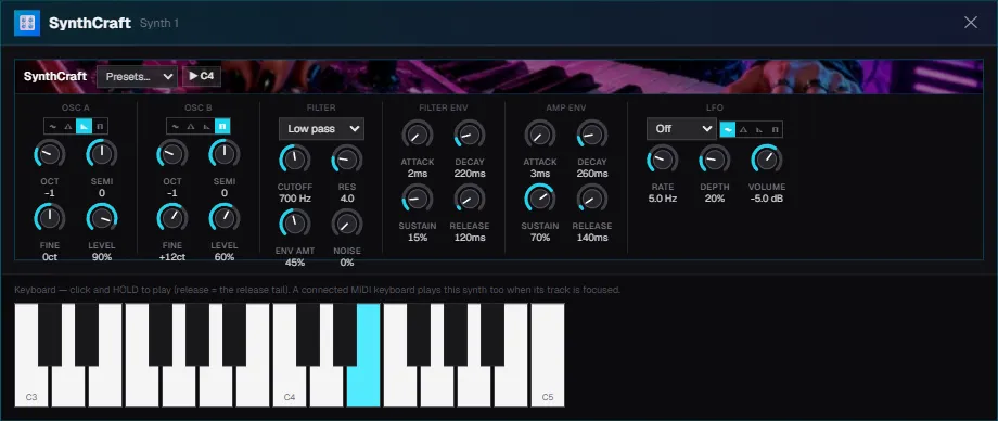 SynthCraft's on-screen keyboard with a key held down and lit cyan while a note plays