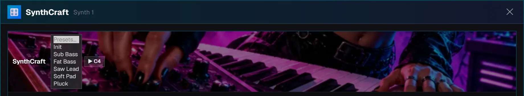SynthCraft's preset list open showing Init, Sub Bass, Fat Bass, Saw Lead, Soft Pad and Pluck