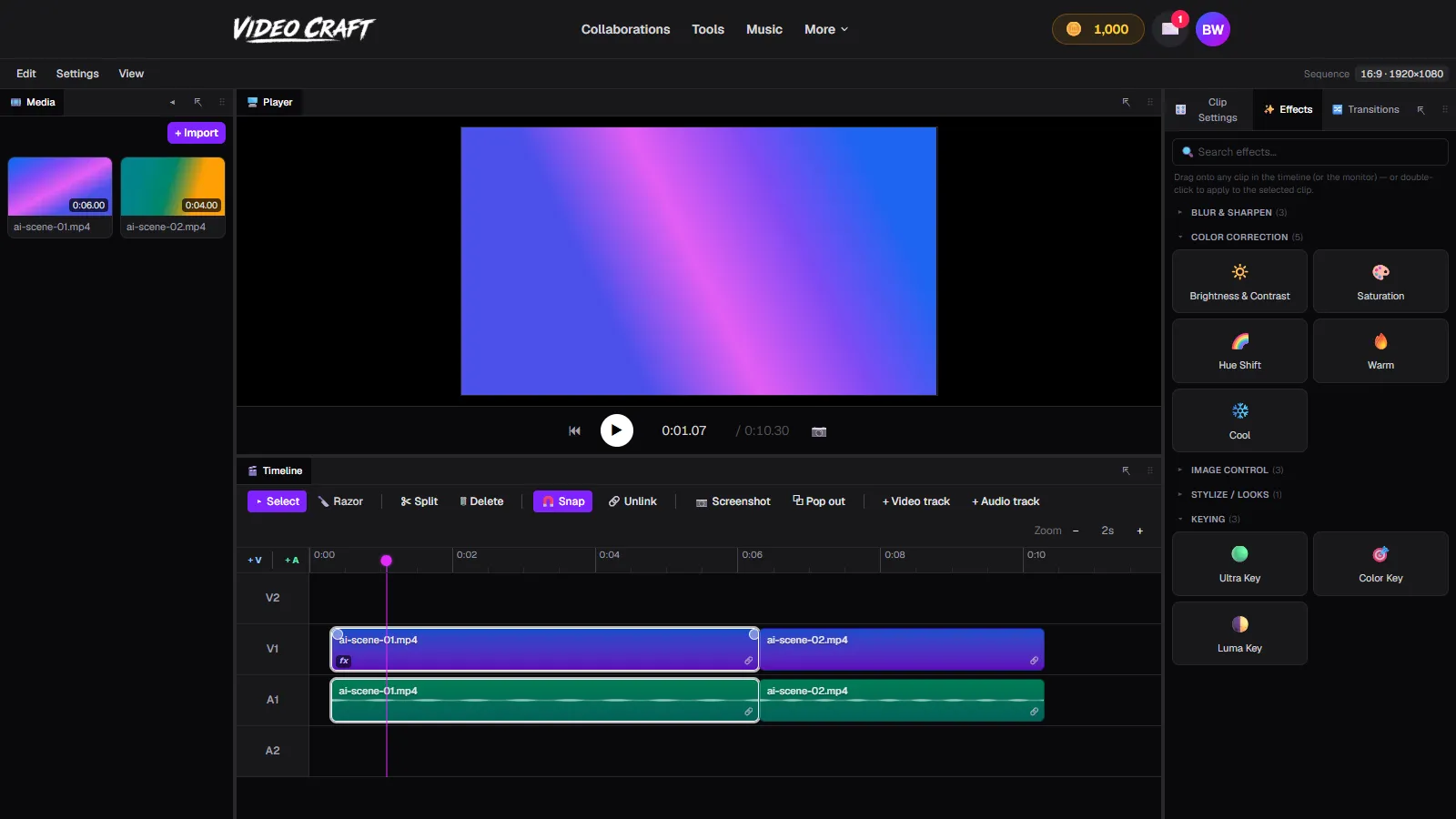 The Effects panel in VideoCraft with the Keying category open: Ultra Key, Color Key and Luma Key