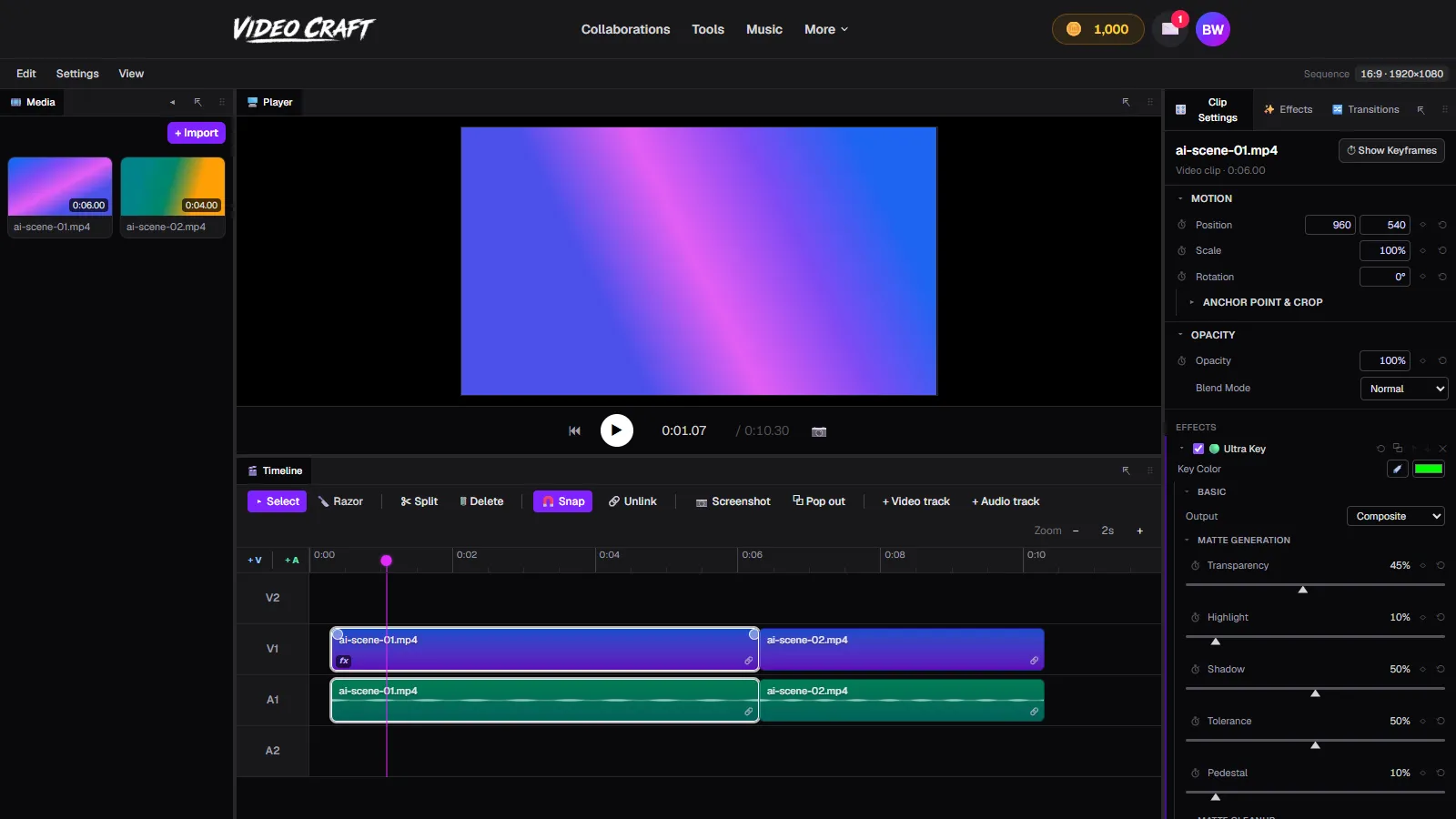 Ultra Key chroma key controls applied to a clip in VideoCraft's Clip Settings panel