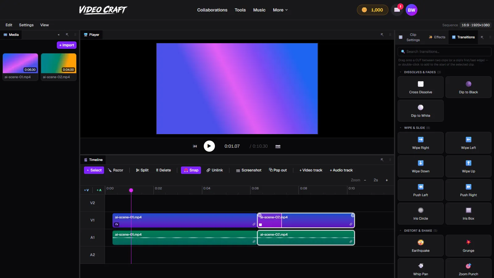 VideoCraft's Transitions panel with a Cross Dissolve applied at the cut between two timeline clips