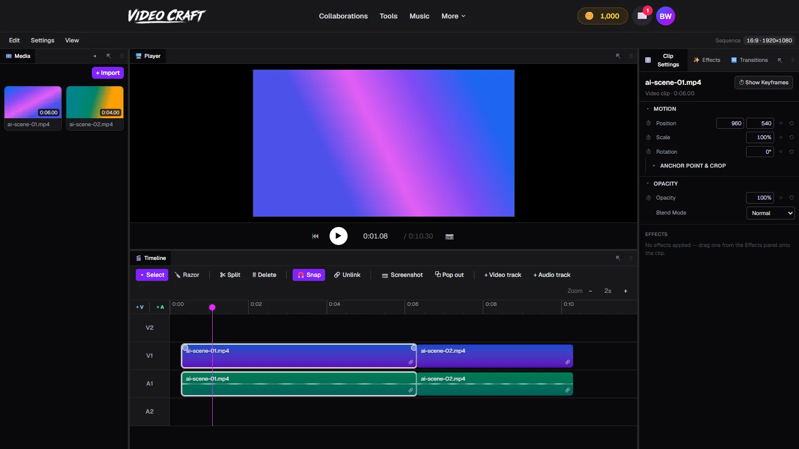 VideoCraft's editing workspace with two clips and linked audio on the timeline, the Player, and Clip Settings