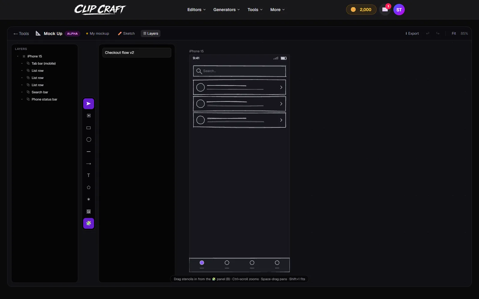 The Mock Up editor with a sketched iPhone frame containing a search bar, list rows and tab bar, with the layers panel open