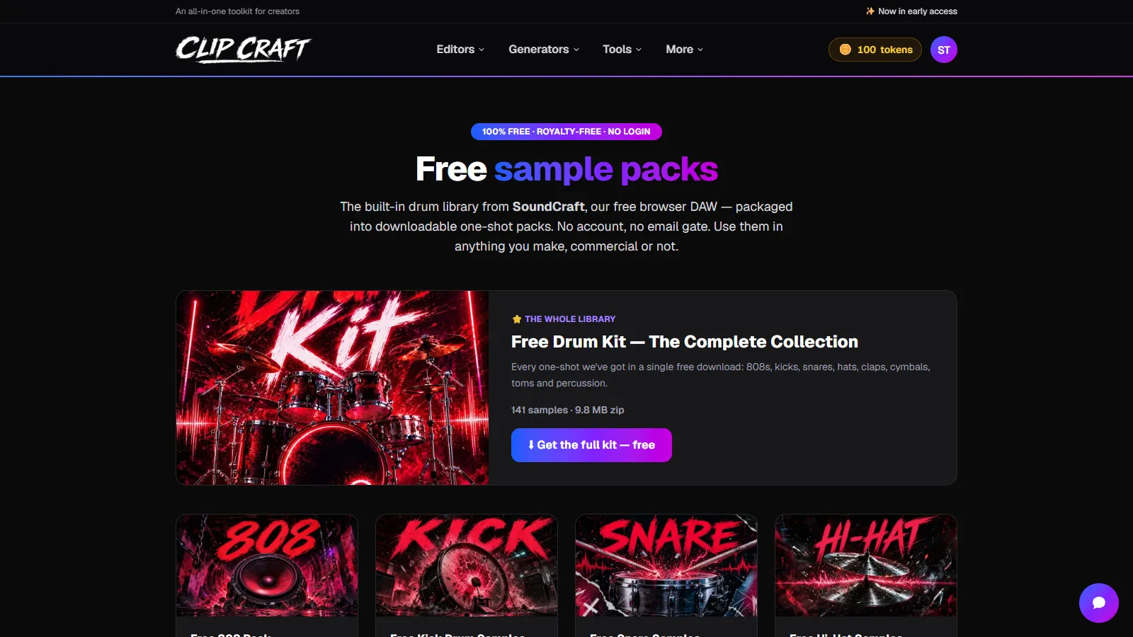 ClipCraft's free sample packs page with the complete 141-sample drum kit and per-pack downloads