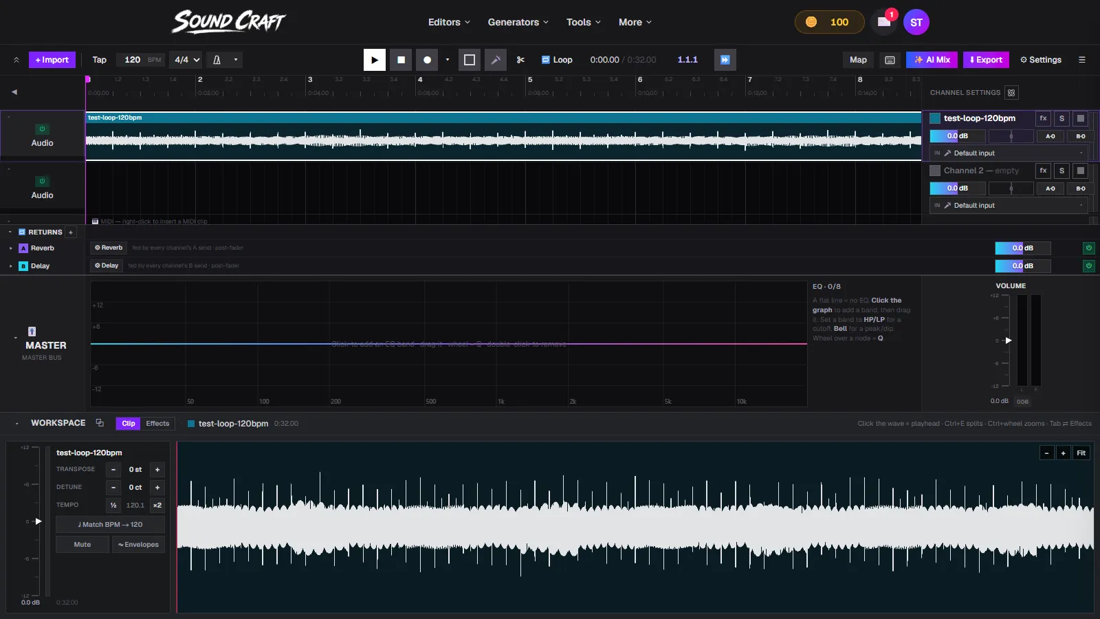 SoundCraft running in a browser with an imported loop on a channel, return buses, master EQ and a waveform workspace