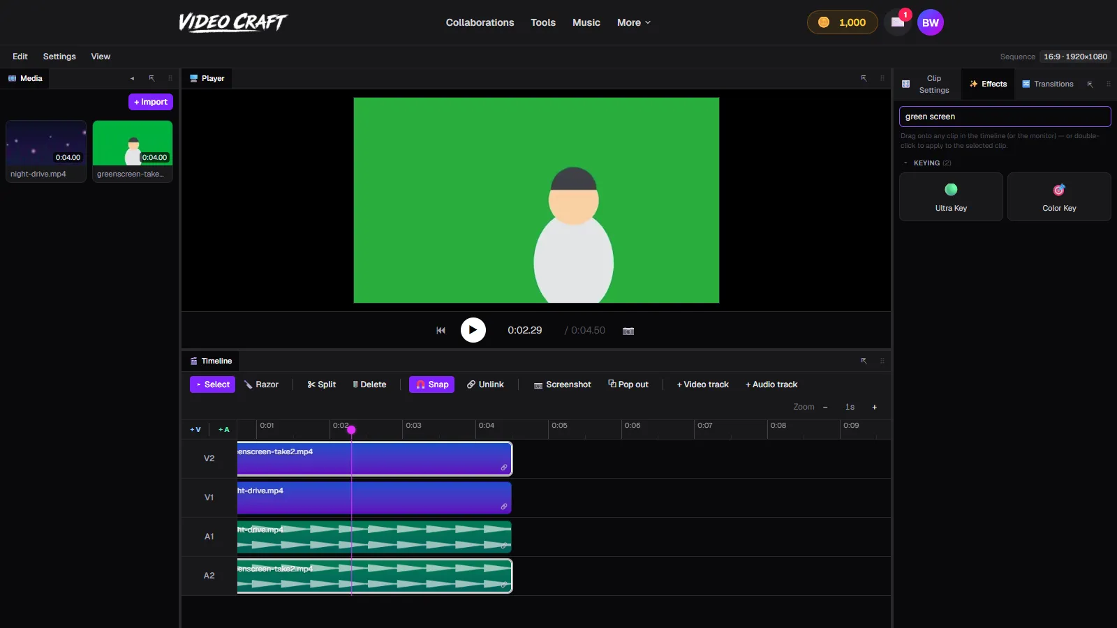 Searching for green screen in VideoCraft's Effects panel, showing the Ultra Key and Color Key tiles