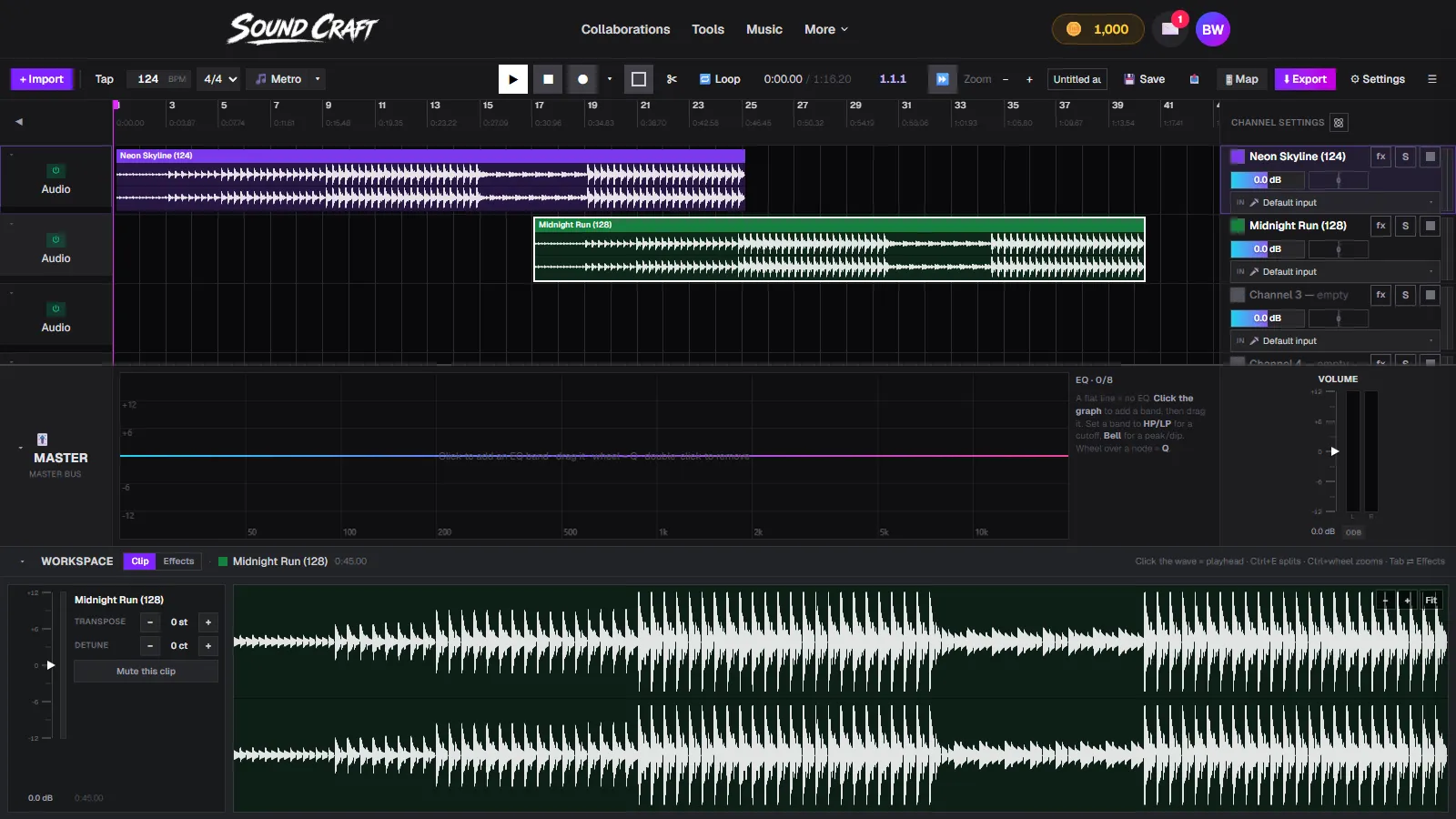 Two songs on two channels in SoundCraft overlapping for eight bars in the timeline