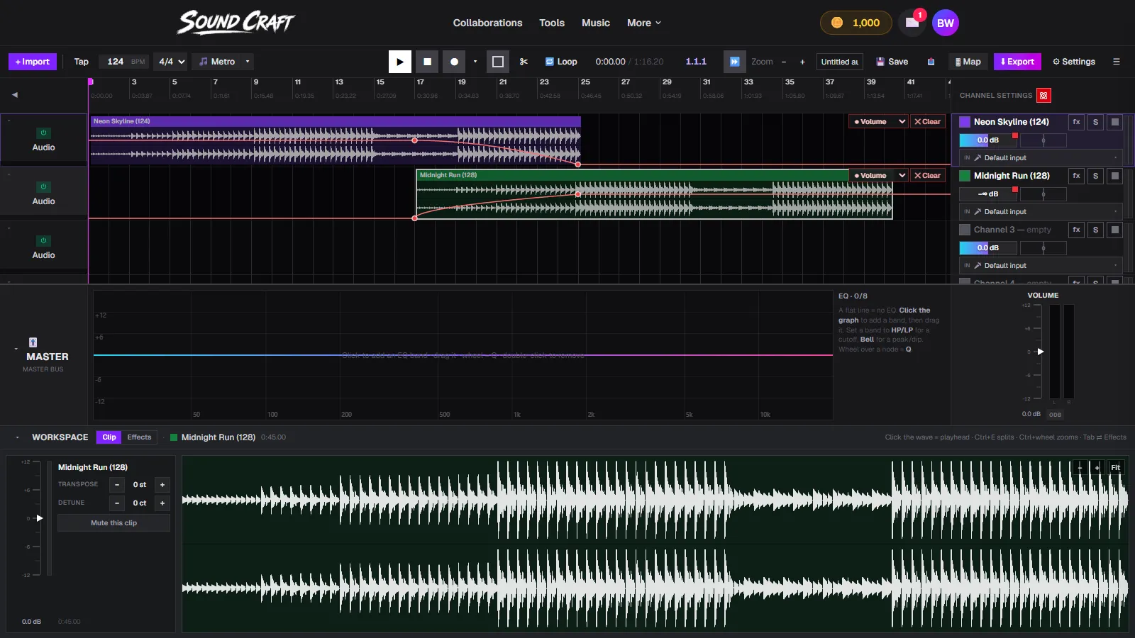 SoundCraft automation mode showing two volume envelopes crossing, a fade-out on the top channel and a fade-in below