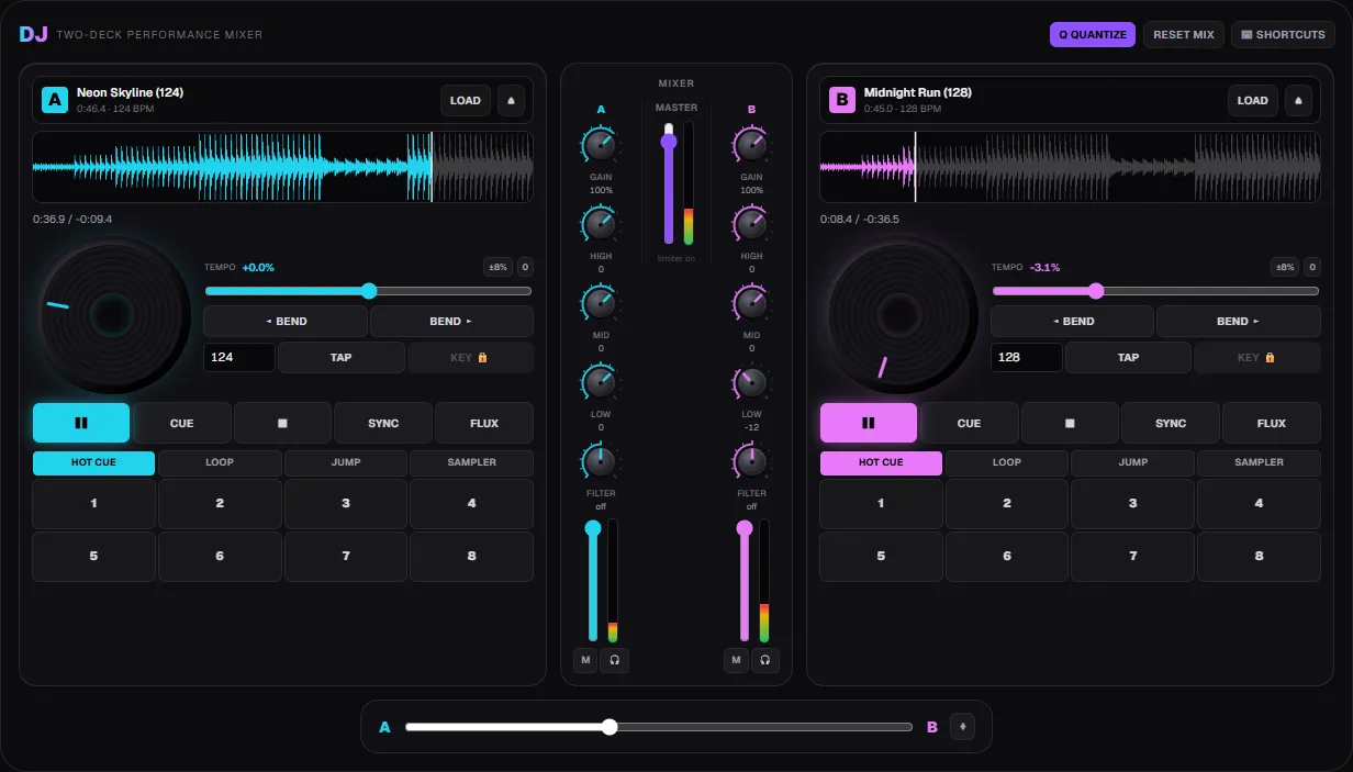ClipCraft's DJ tool mid-blend with both decks playing, deck B's lows cut and the crossfader leaning toward deck A
