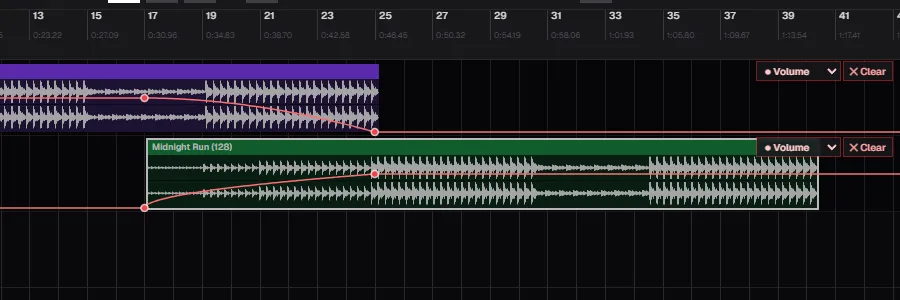 Close-up of two curved volume envelopes crossing in the SoundCraft timeline, shaped like an equal-power crossfade