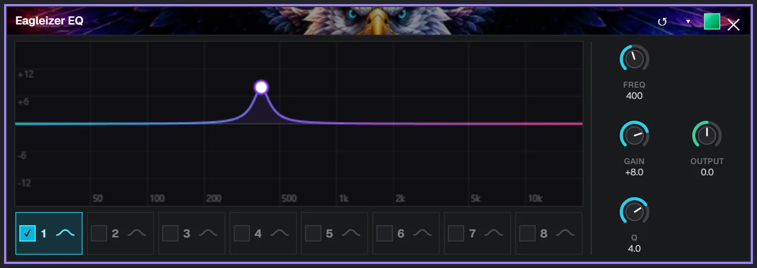 A narrow 8 dB EQ boost at 400 Hz with Q 4, used to sweep for problem frequencies
