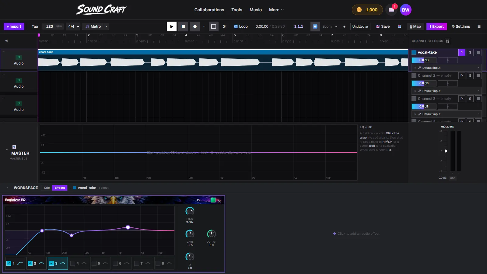 SoundCraft's workspace with a vocal clip on the timeline and the Eagleizer EQ panel open below it