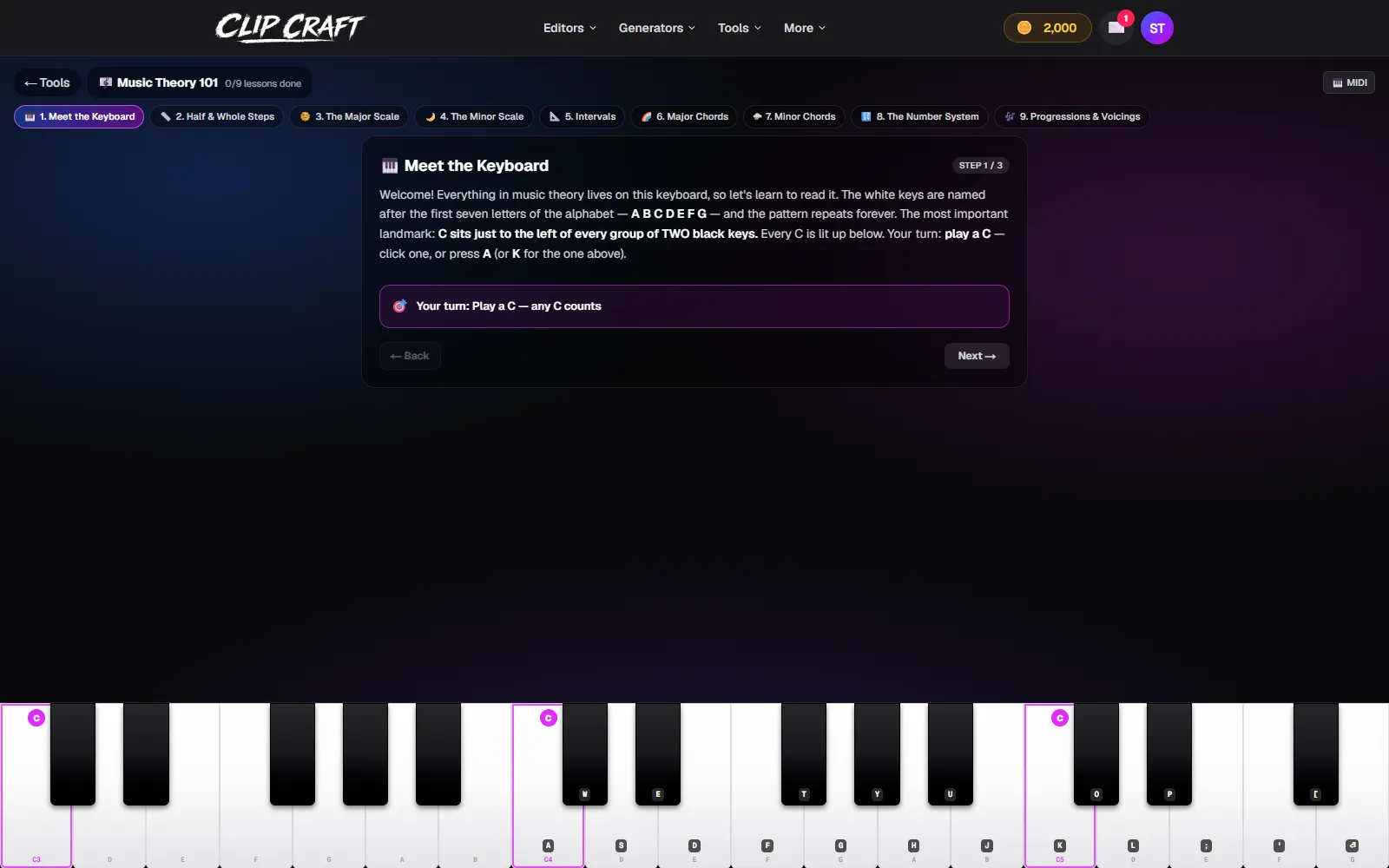 Lesson one of Music Theory 101 with the nine lesson chips and the playable piano keyboard