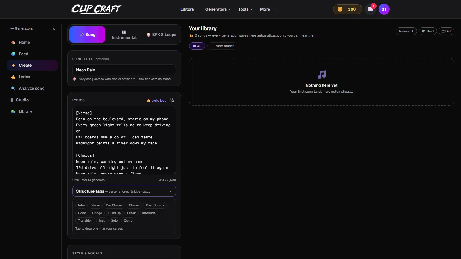 ClipCraft's Audio Studio create page filled in to make a song with AI: title, tagged lyric sheet and structure tags