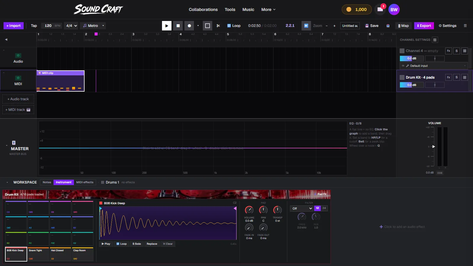 SoundCraft's Drum Kit instrument with 16 pads, four sounds loaded, and the pad inspector showing a kick waveform