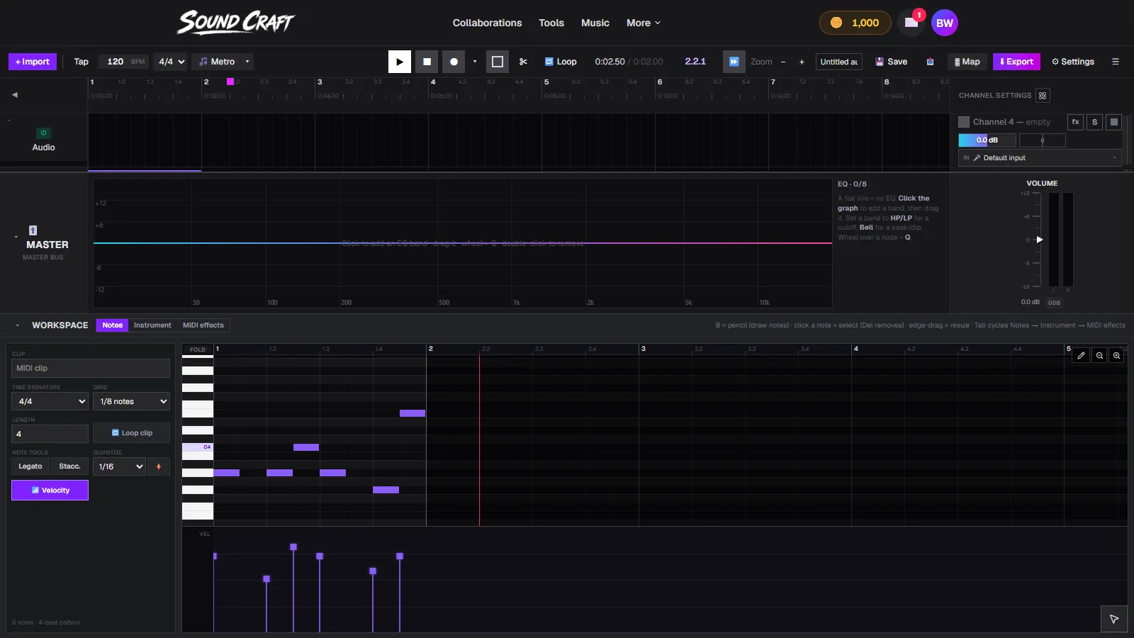 A bassline in SoundCraft's piano roll with the velocity lane open and stems dragged to different heights