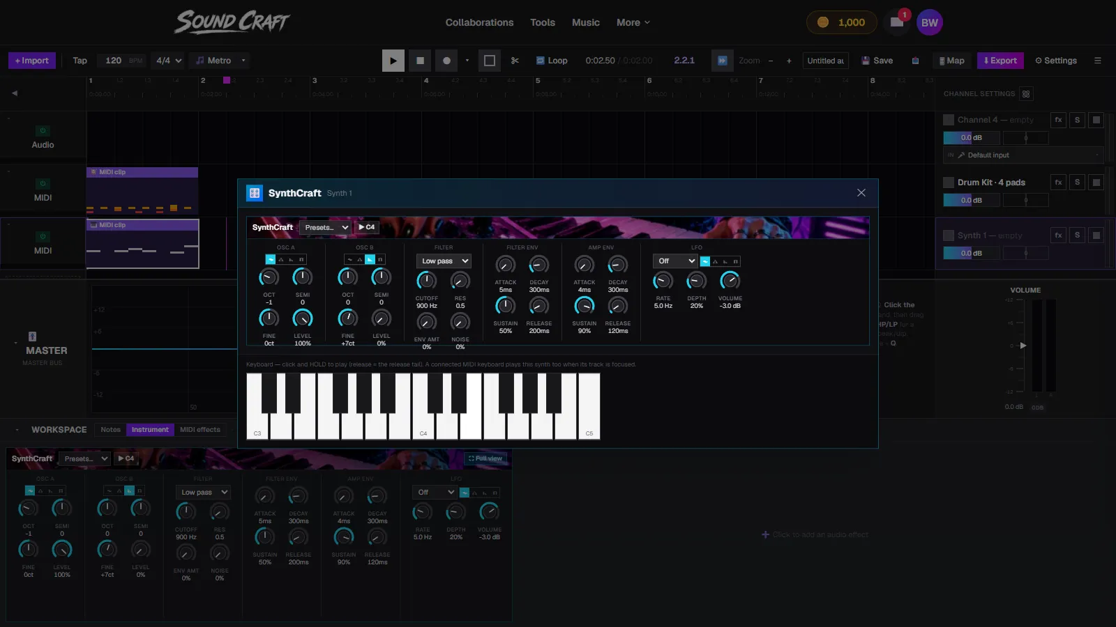 SynthCraft's full view: two oscillators, filter, envelopes, LFO and a two-octave on-screen keyboard