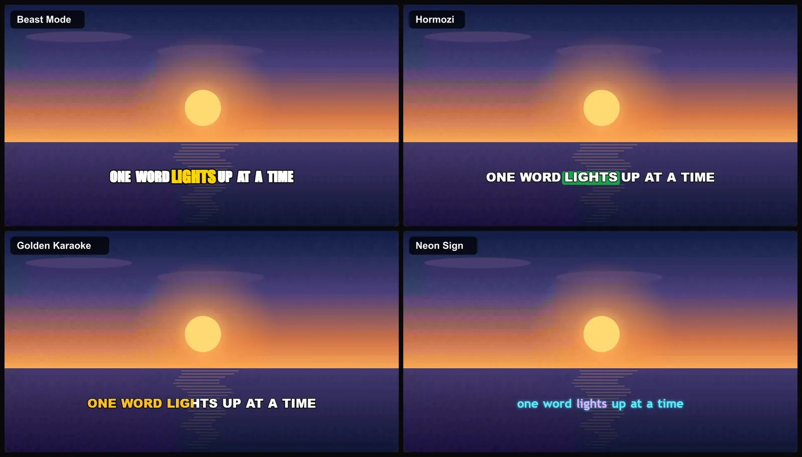 Beast Mode, Hormozi, Golden Karaoke and Neon Sign caption styles rendered on the same video frame in ClipCraft