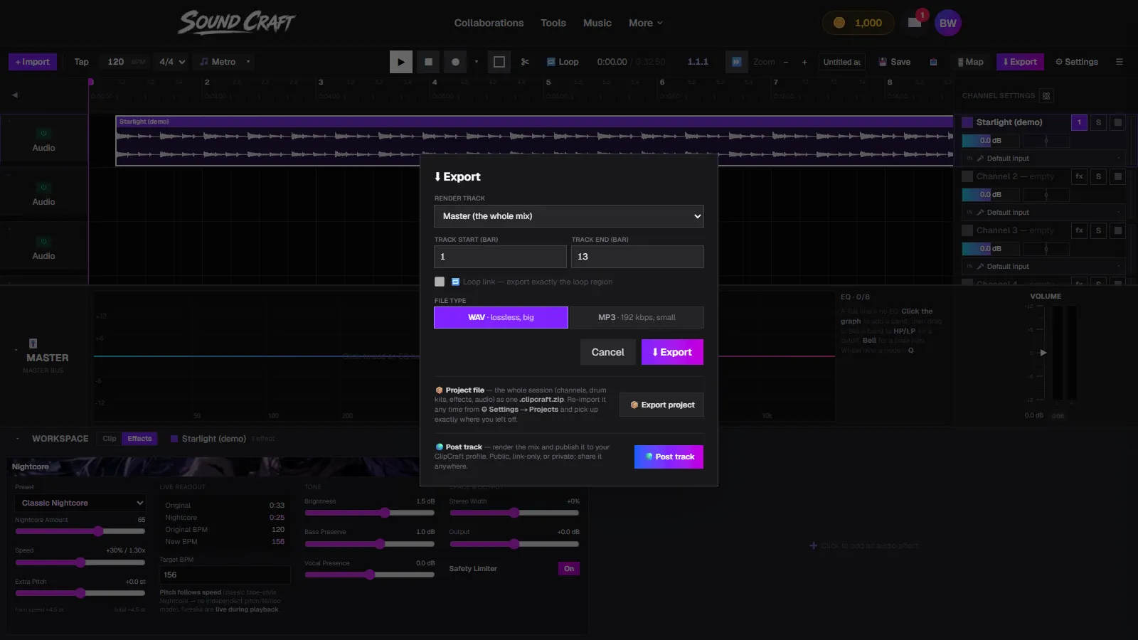 SoundCraft's export dialog with WAV and MP3 file type options and a post track button