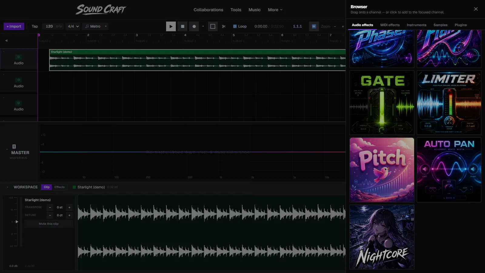 The SoundCraft effects browser with the Nightcore effect tile at the bottom of the audio effects list