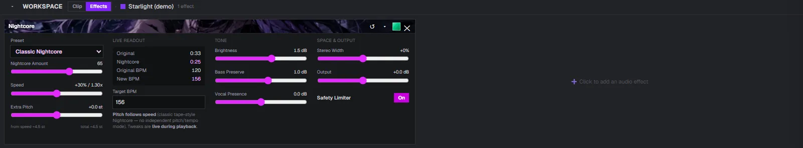 Close-up of the Nightcore panel controls: preset dropdown, speed and pitch sliders, live readout grid, and target BPM field