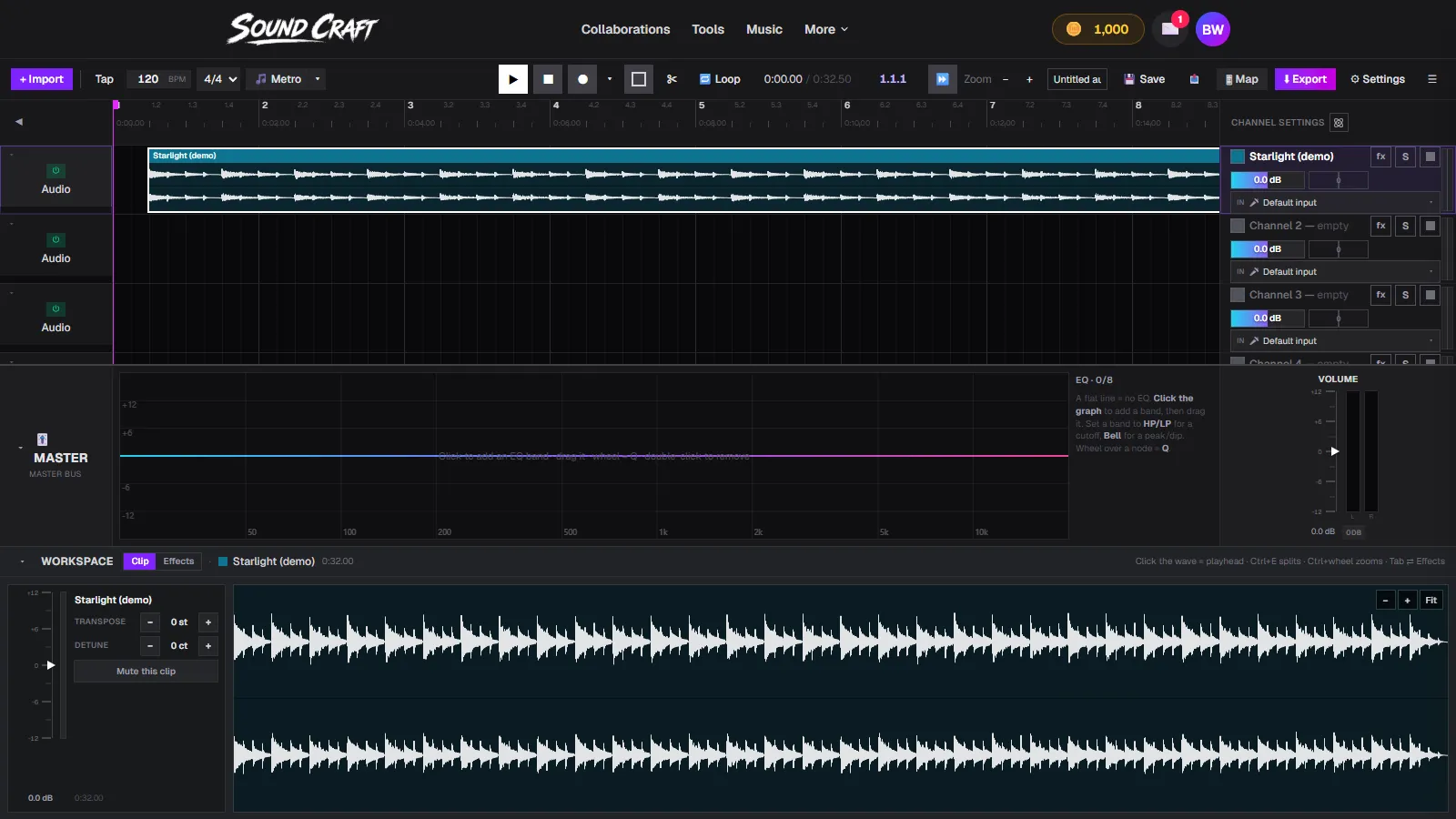 A song loaded on the SoundCraft timeline with its stereo waveform in the clip workspace